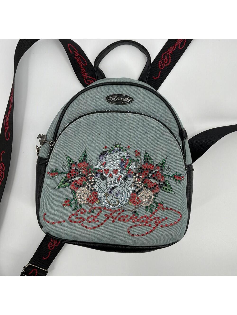 Ed Hardy Denim Bedazzled Backpack Purse